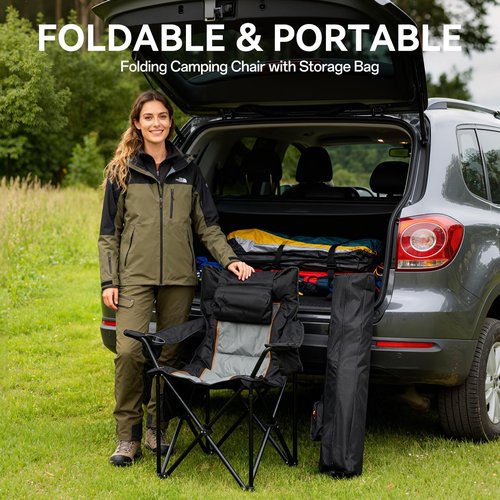 ceamorfco Heated Camping Chairs, Foldable Camping Chairs with 2 Cup Holders for Outdoor Sports,Folding Chair with 3 Heating Level for Back and Seat, Supports 400Lbs, Battery Not Include, Black & Grey