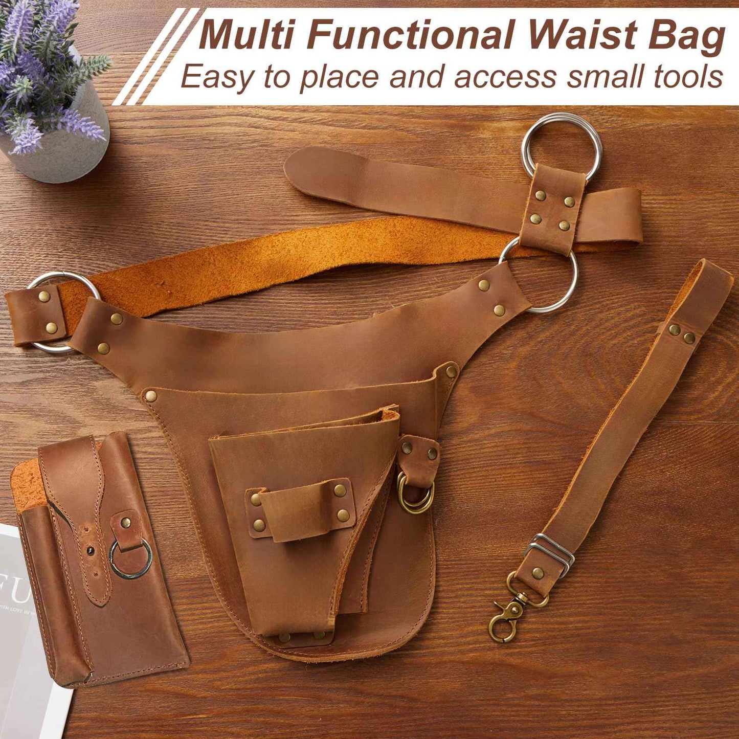 VGJ Leather Garden Tool Belt- Small Tool Belt-Tool Belts For Men,Gardener Gifts-Womens Tool Belt Bag,Florist Tool Belt Holster,Gardening Tool Belt,Electrician Carpenter Organizer, Natural Brown