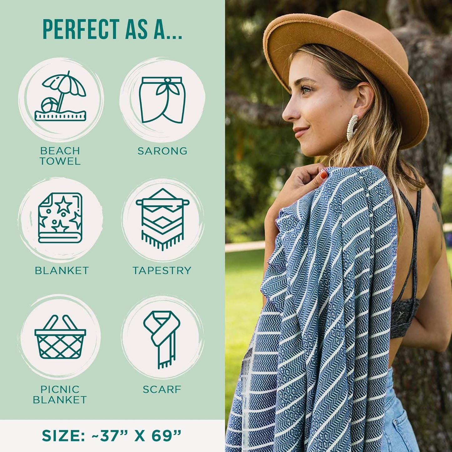 Sand Cloud Turkish Beach Towel - 100% Organic & Sand Proof - Quick Dry for Beach, Picnic, or Bath - Gocek (Denim)