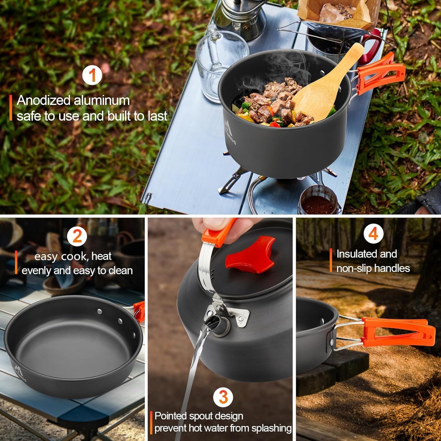 THTYBROS Camping Cookware Kit - 17-Piece Set with 0.45 Gal Pot, 7-Inch Pan & Stainless Steel Utensils