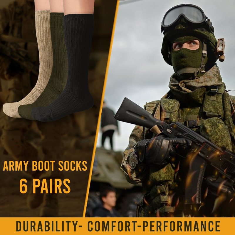 Diamond Star Men's Military Boot Socks – Quick-Dry Cotton Crew Socks for Army, Firefighters, Police, Hiking & Trekking Pack 6 Pairs Green (10-13).