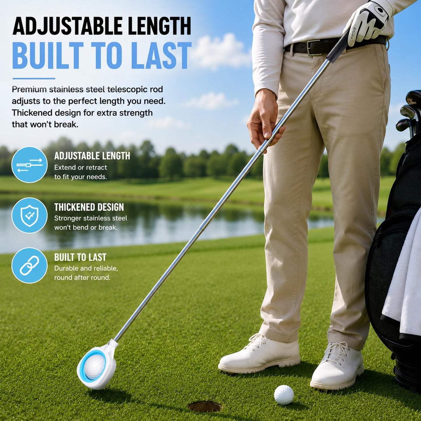 CHAMPKEY Performance Golf Ball Retriever Single Sided - Thicken Stainless Steel Shaft with Rubber Grip Golf Retriever - Available in 9Ft / 12Ft / 14.5Ft / 16.3Ft (9 FT)