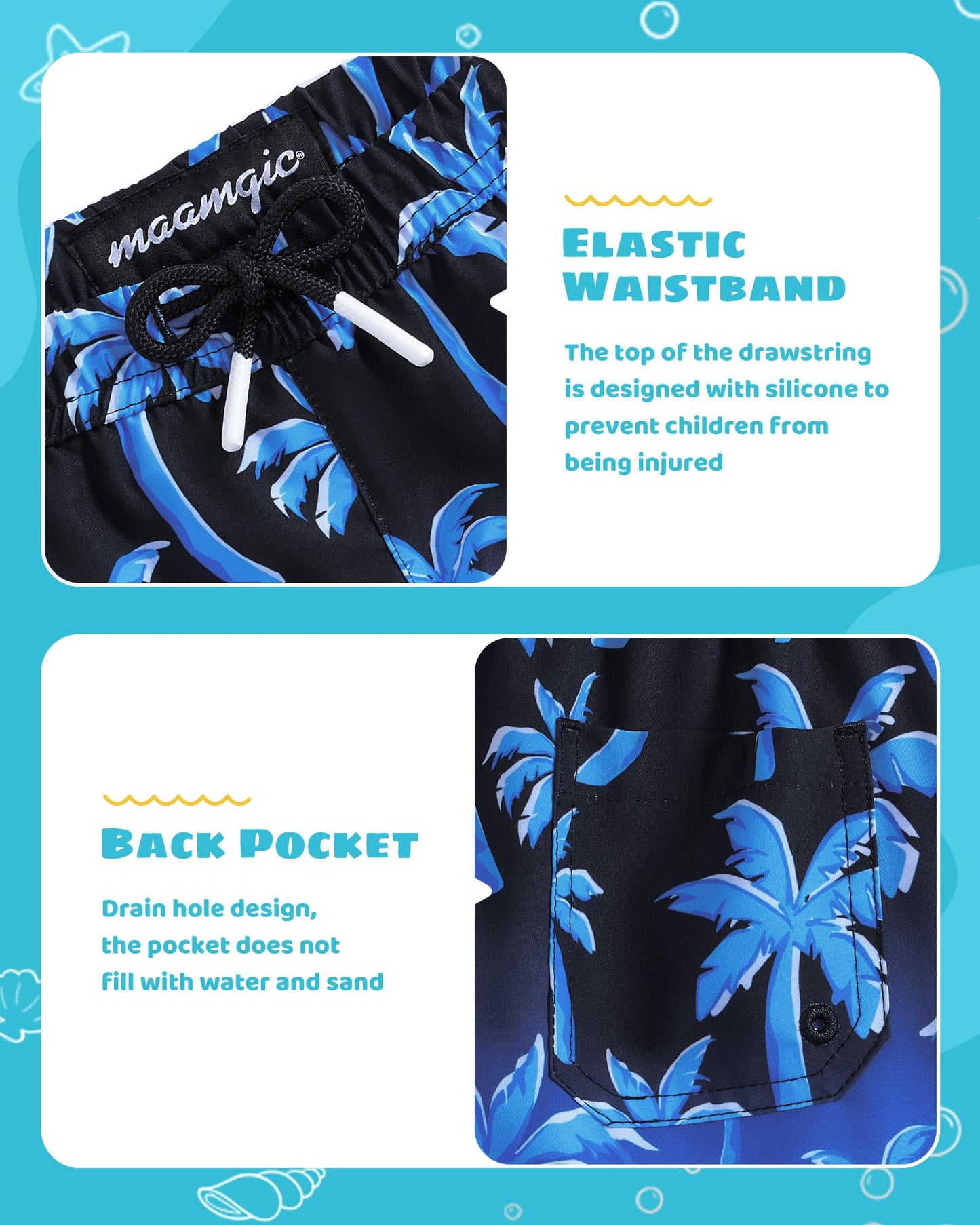 maamgic Boys Swim Trunks with Compression Liner Toddler Stretch Swim Shorts Quick Dry Swimming Trunks Boxer Brief 2 in 1 Beach Shorts Blue Coconut Tree 4T