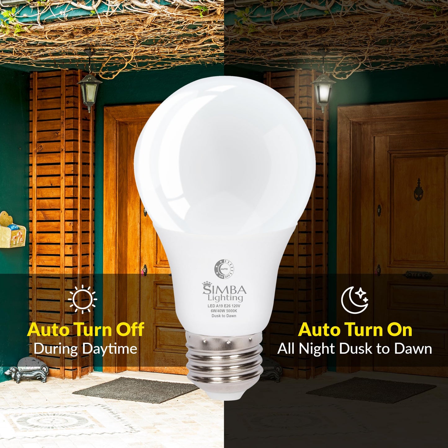 Simba Lighting LED Outdoor Light Bulbs with Photocell Sensor Dusk to Dawn Smart Auto On and Off (2 Pack) A19 6W 40W Replacement for Porch, Night Light, Garage Door, E26 Medium Base, 5000K Daylight