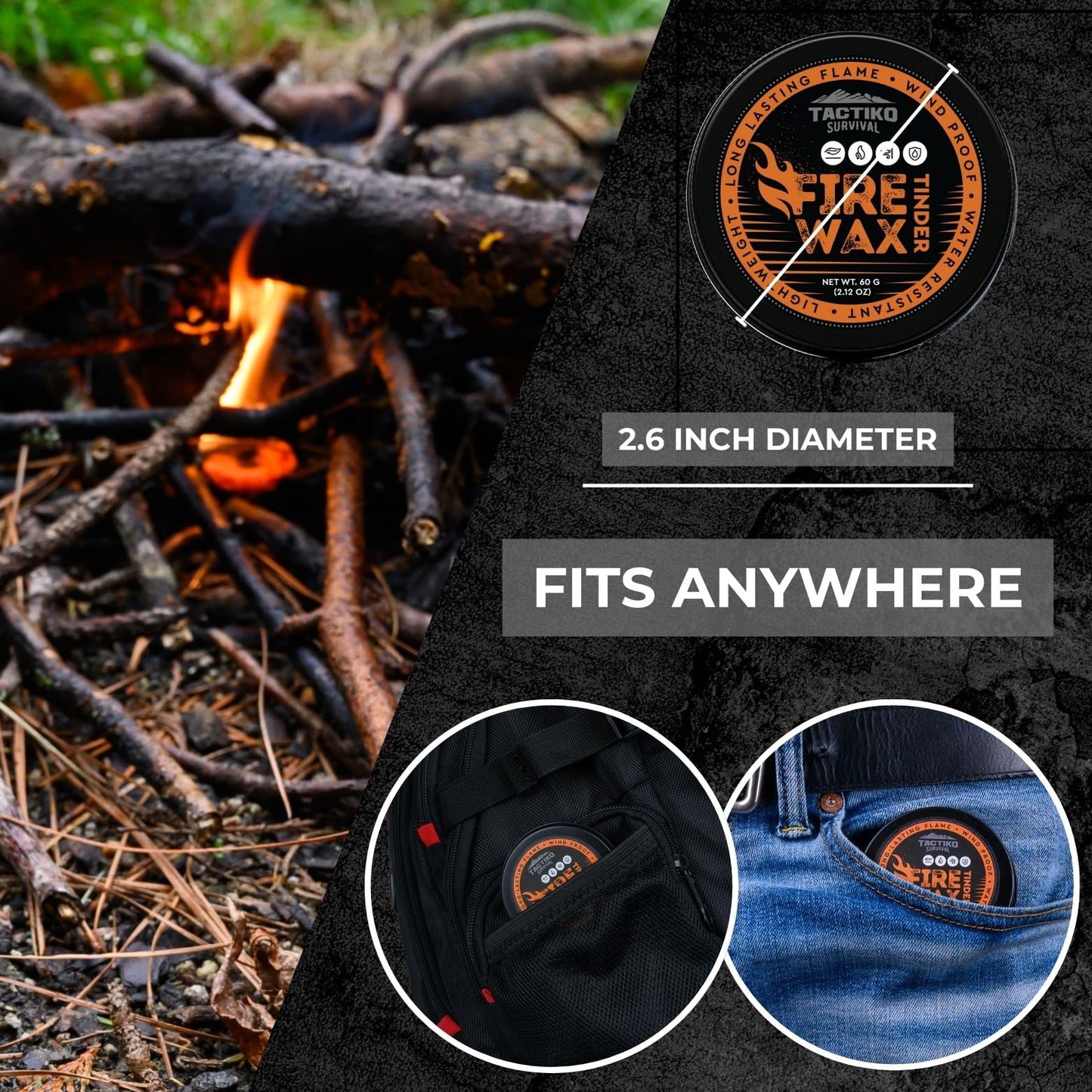 Tactiko Camping Fire Starter – Waterproof Survival Fire Starter for Wet Wood & Emergency Kits – 5 Minute Burn Time, 50 Uses, 60g – Lightweight Campfire Accessory for Hiking & Backpacking (1-Pack)