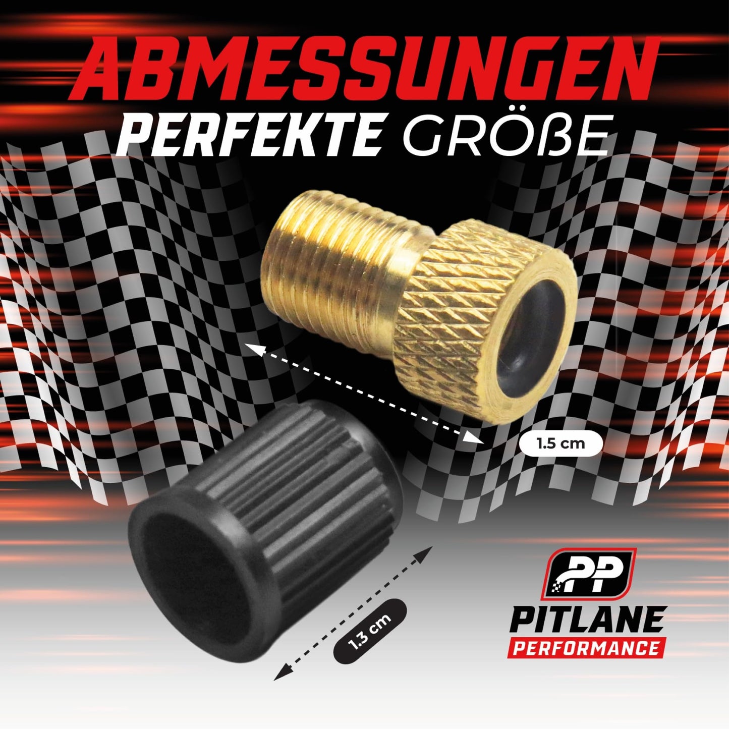 Pitlane Performance® Bike Valve Adapter Set – Brass Adapters for Presta Valves – 2 Presta-to-Schrader Adapters + 2 Valve Caps for Bicycles, E-Bikes & Scooters (Set of 5 (Including Keychain))