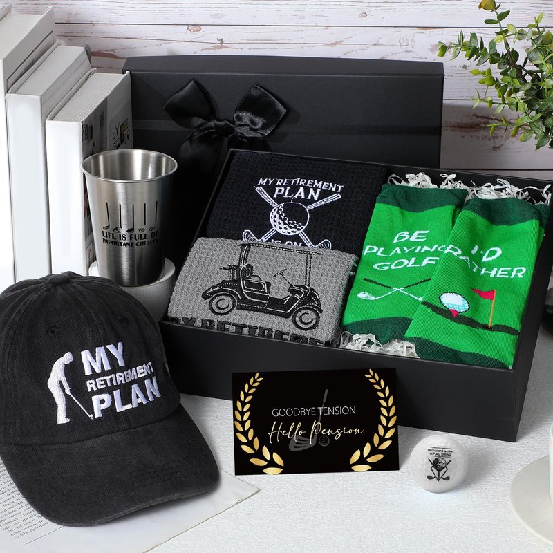 Skylety 8 Pcs Retirement Golf Gift Set for Men Include Stainless Steel Cup Cap Socks Card Towels Ball with Box for Dad Grandpa Golfer Lovers Fathers Day Golf Gifts