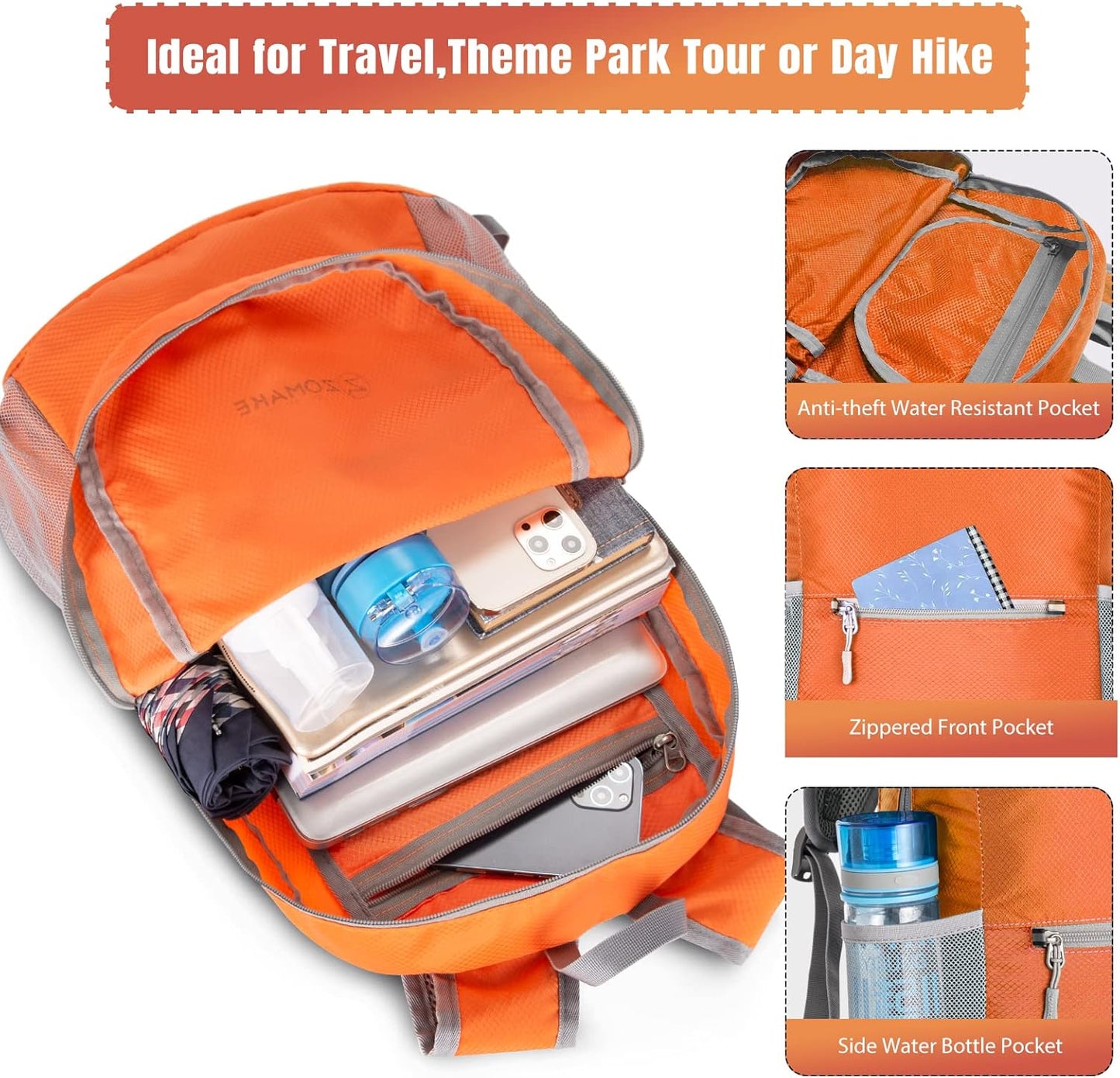 ZOMAKE Ultra Lightweight 20L Hiking Backpack - Packable Water-Resistant Daypack for Men & Women | Orange