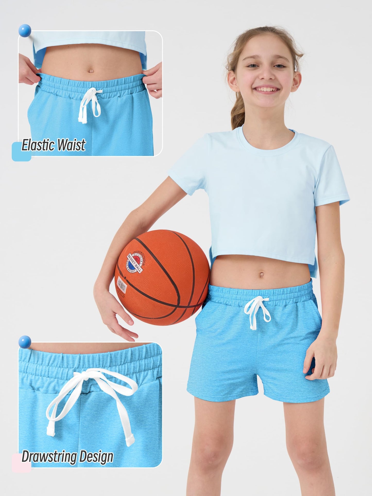 QWE 5 Pack Girls Shorts Athletic Soccer Running Performance Active Dry-Fit Sports Basketball Shorts with Drawstring Pocket SetA 14-16 Years