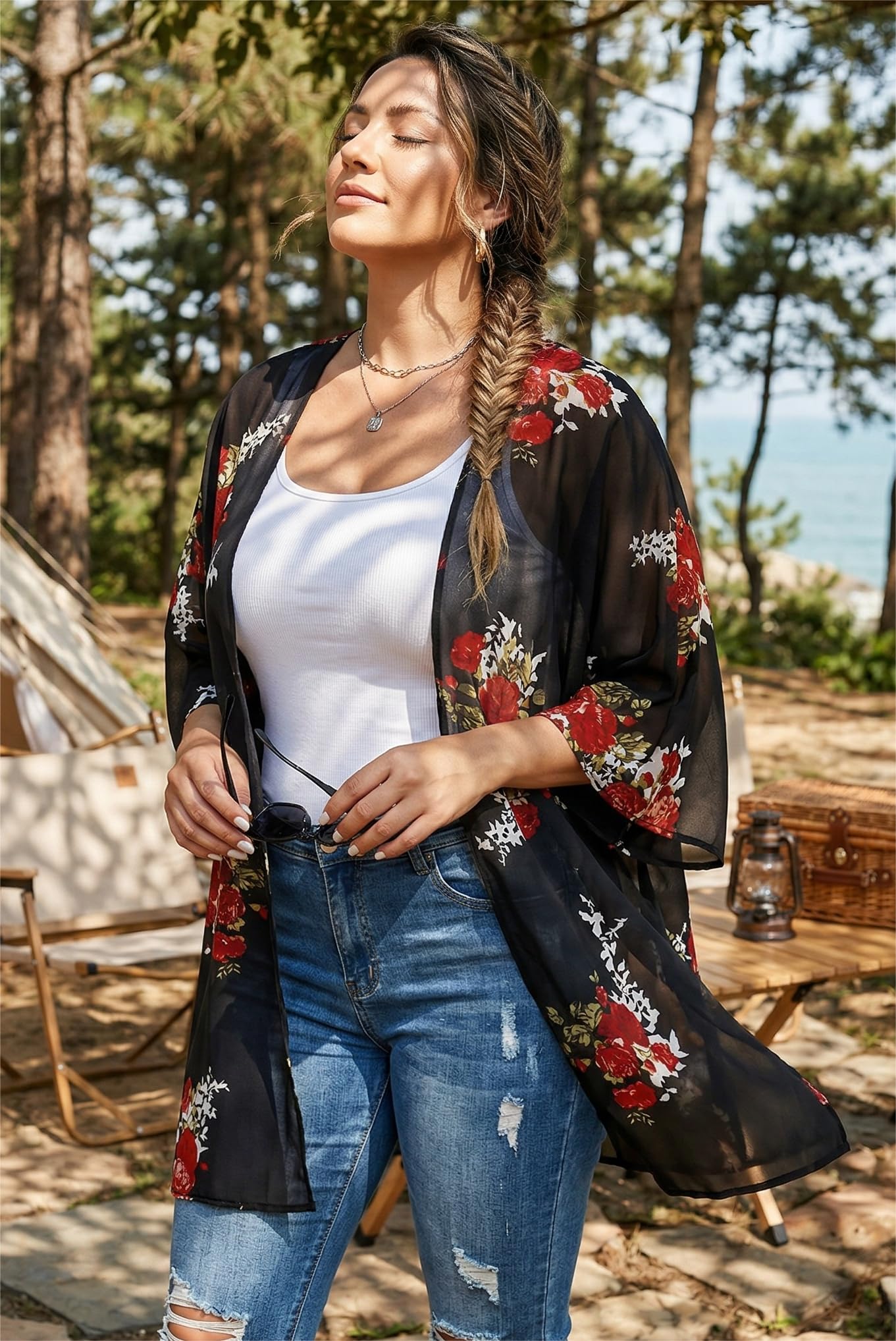 Women's Floral Print Short Sleeve Shawl Chiffon Kimono Cardigan Casual Blouse Tops(Black S)
