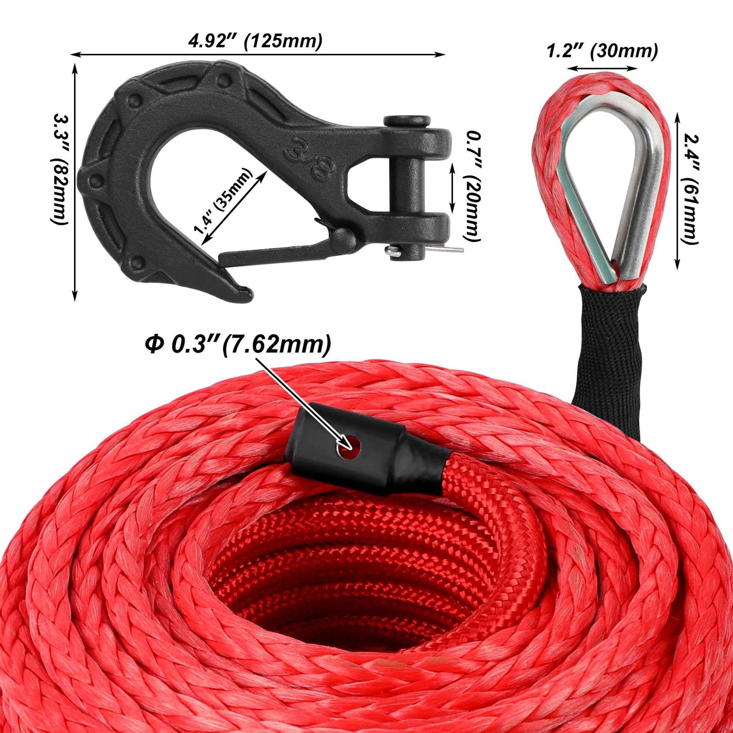 XPV 3/8" x 100ft Synthetic Winch Rope 23,809lbs Dyneema Winch Line Cable Rope with Hook and Sleeve Protection Red