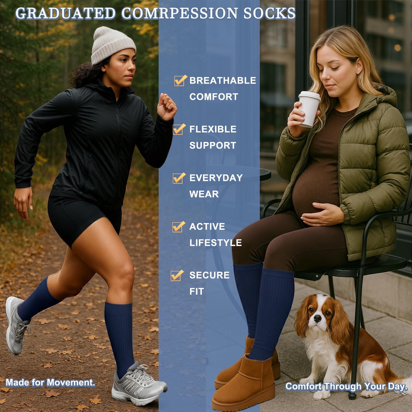 Sooverki Compression Socks for Women and Men Circulation (4 Pairs) is Best Support for Running Athletic Hiking Workout Flight Runner Gifts Navy Blue Plain Knee High Stocking