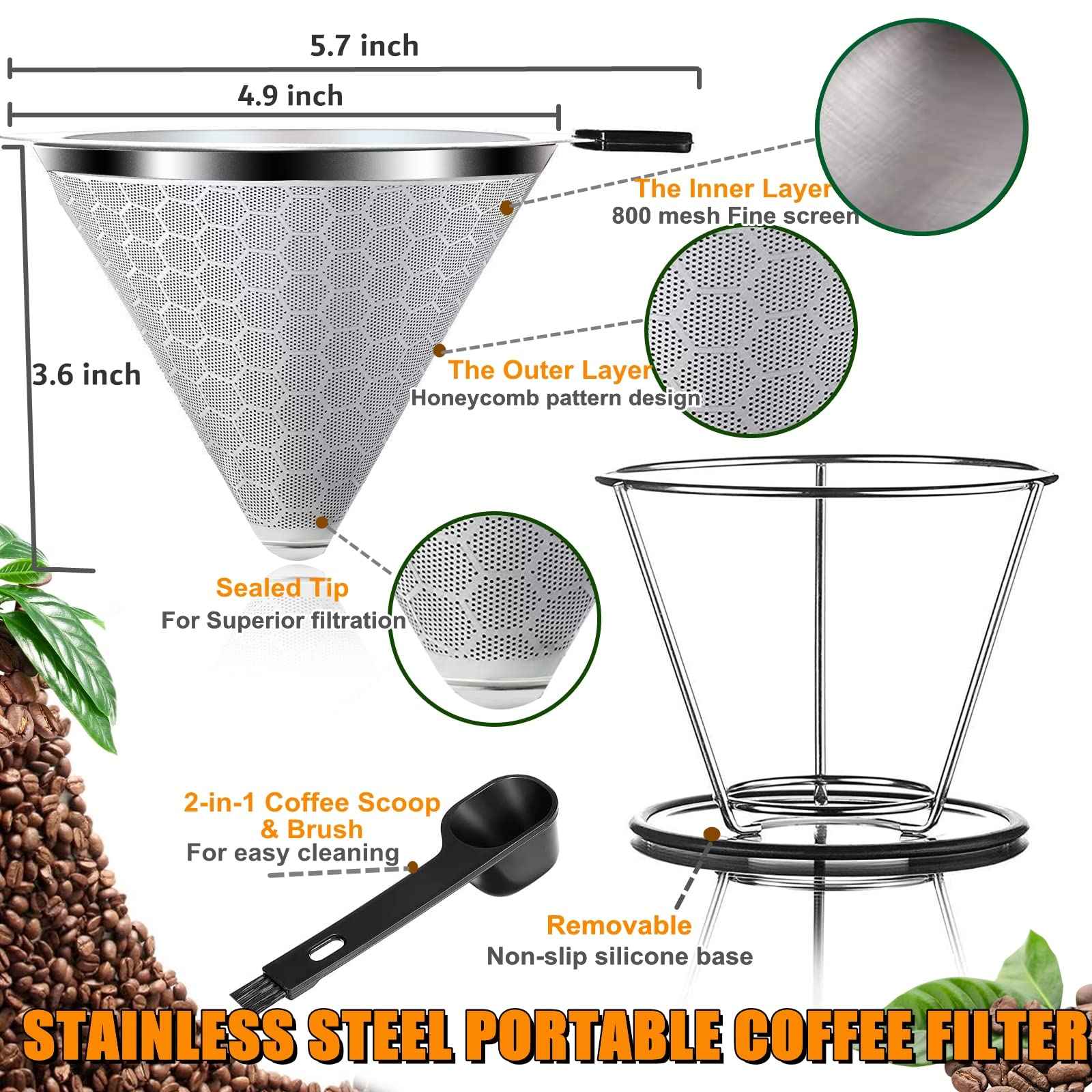 Gocoffun Pour Over Coffee Dripper, Reusable Cone Coffee Filter 1-4 cup, Stainless Steel Portable Coffee Filters Coffee Maker with Cleaning Brush for Home Office Travel Camping