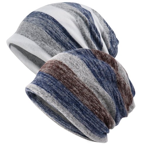 Slouchy Beanie Chemo Hats for Women Men Head Scarf Curly Hair Sleep Head Wraps for Cancer Patient (US, Alpha, One Size, 2 Pack White Blue)