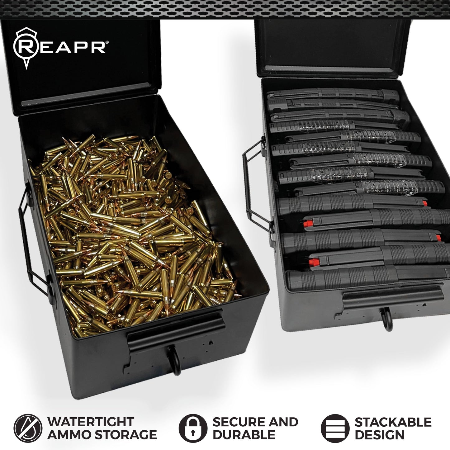 Reapr Steel Ammo Can, Heavy Duty Locking Metal Ammo Storage Box, Airtight and Watertight 30 Cal or 50 Cal Case for Rifle, Shotgun, Pistol, Military Footlocker Style Tool and Gear Organizer