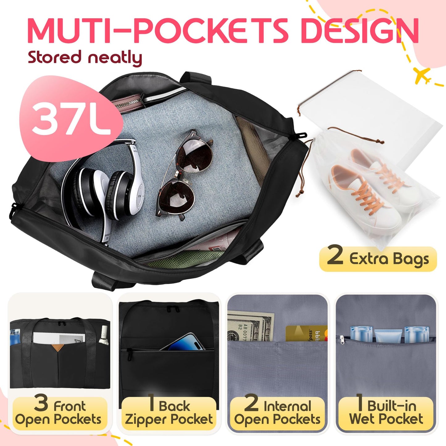 Magimack Duffle Bag for Travel, Carry-on Travel Bag with Trolley Sleeve, Sport Gym Bag for Women, Overnight Bag for Men, Hospital Bag for Labor and Delivery (Black)