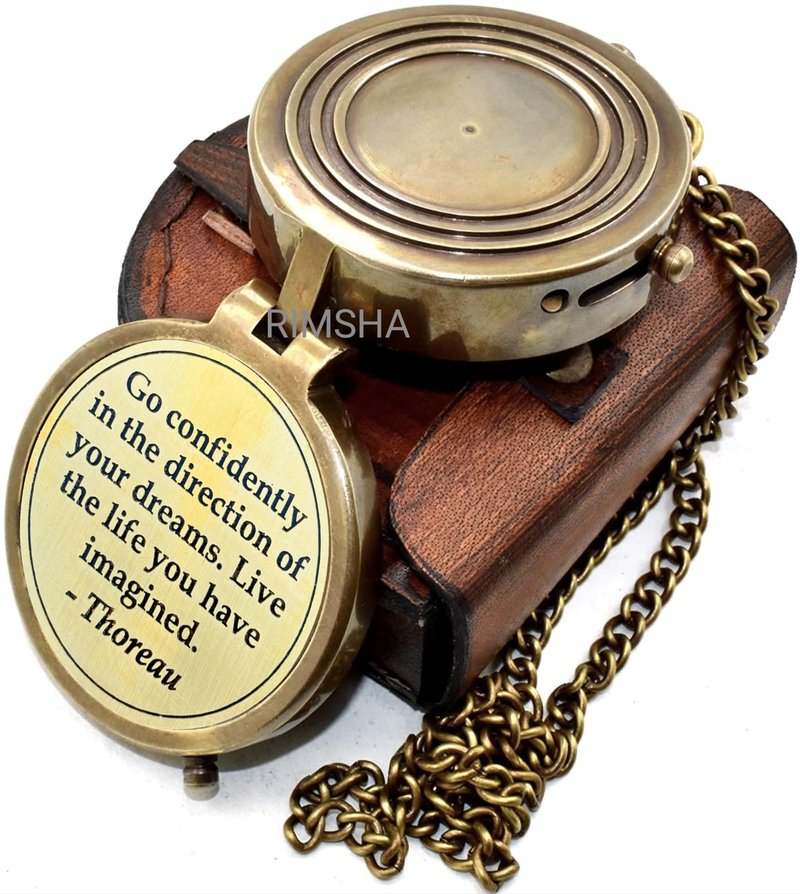 Thoreau's Quote Engraved Antique Nautical Directional Magnetic Compass with Leather Case - Go Confidently Brass Pocket Compass Baptism, Graduation, Christian Gifts for Men, First Confirmation Gift