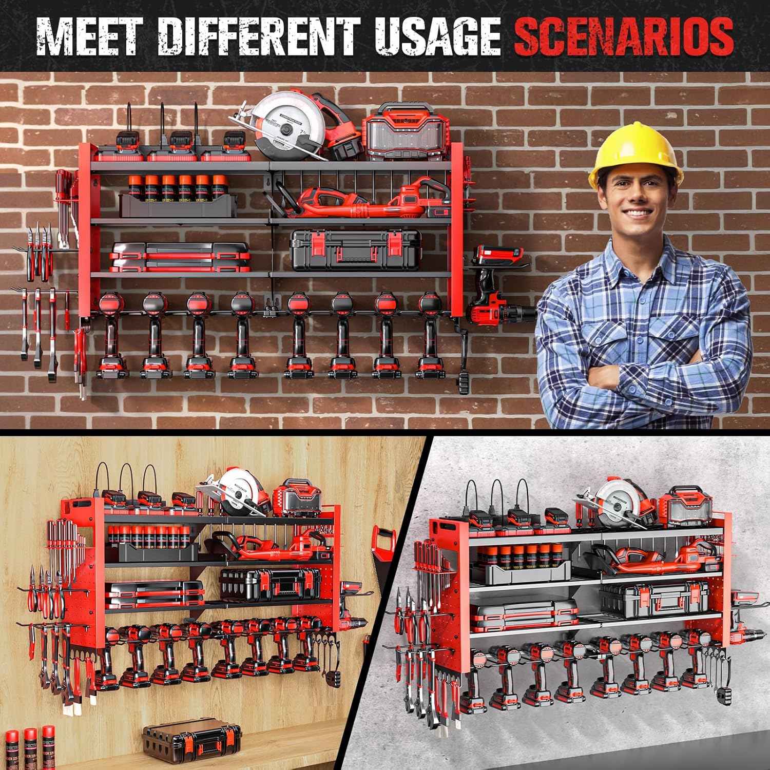 Heavy Duty Wall Mount Power Tool Organizer with Charging Station & 10 Drill Holders