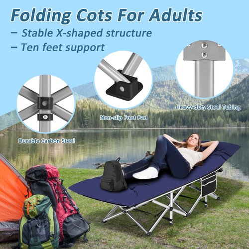 HABUTWAY Camping Cots for Adults with 600lbs Load Capacity, Folding Camping Cot with Mattress, Sleeping Cots for Adults with Carry Bags for Travel,Beach,Patio,Home Office,Nap Time(Blue)