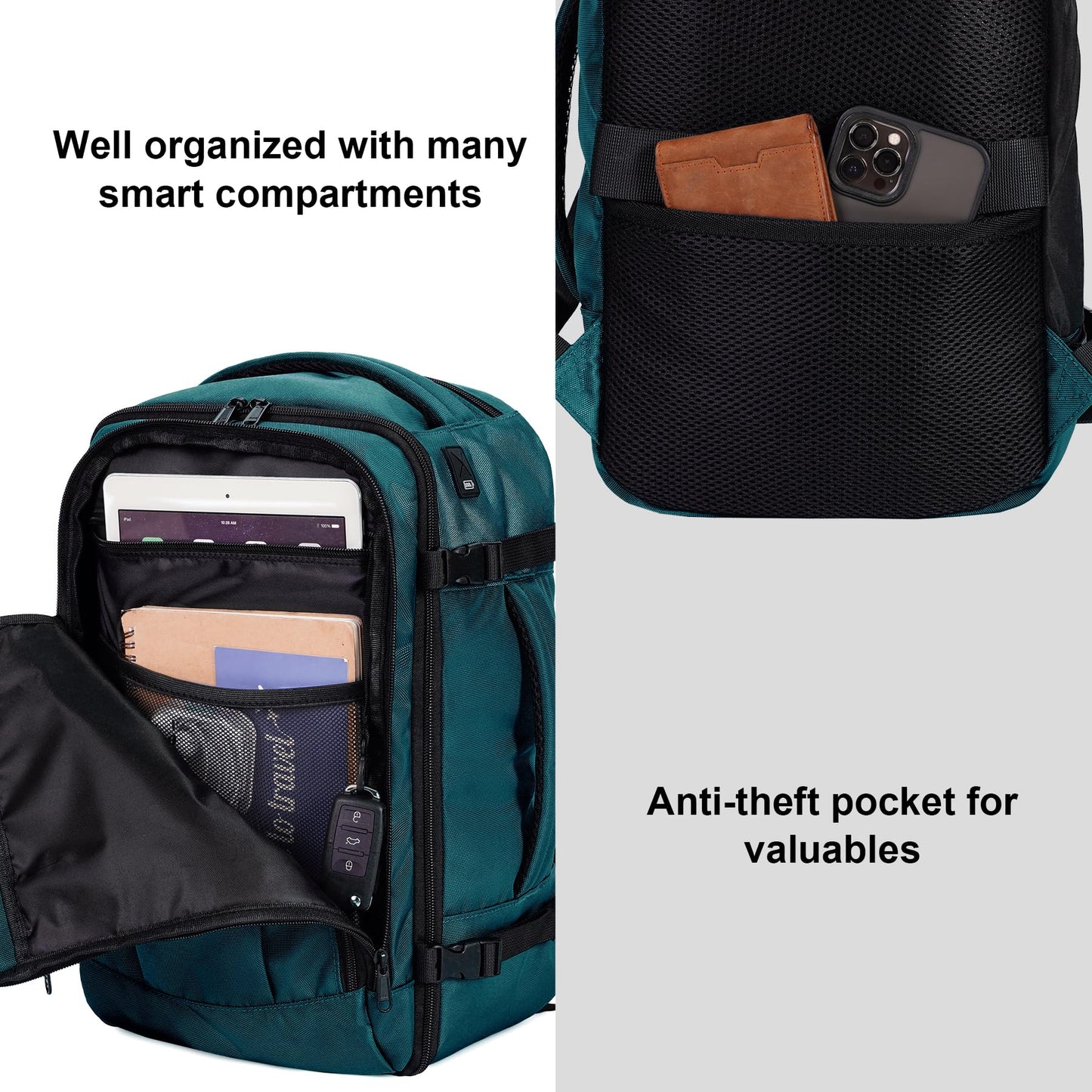 ECOHUB Travel Backpack 18x14x8 Spirit Airlines Personal Item Bag Carry On Backpack 13 Pockets Large Work Casual Daypack for men Airline Approved Waterproof Gym Backpack with Charging Port, Blue Green