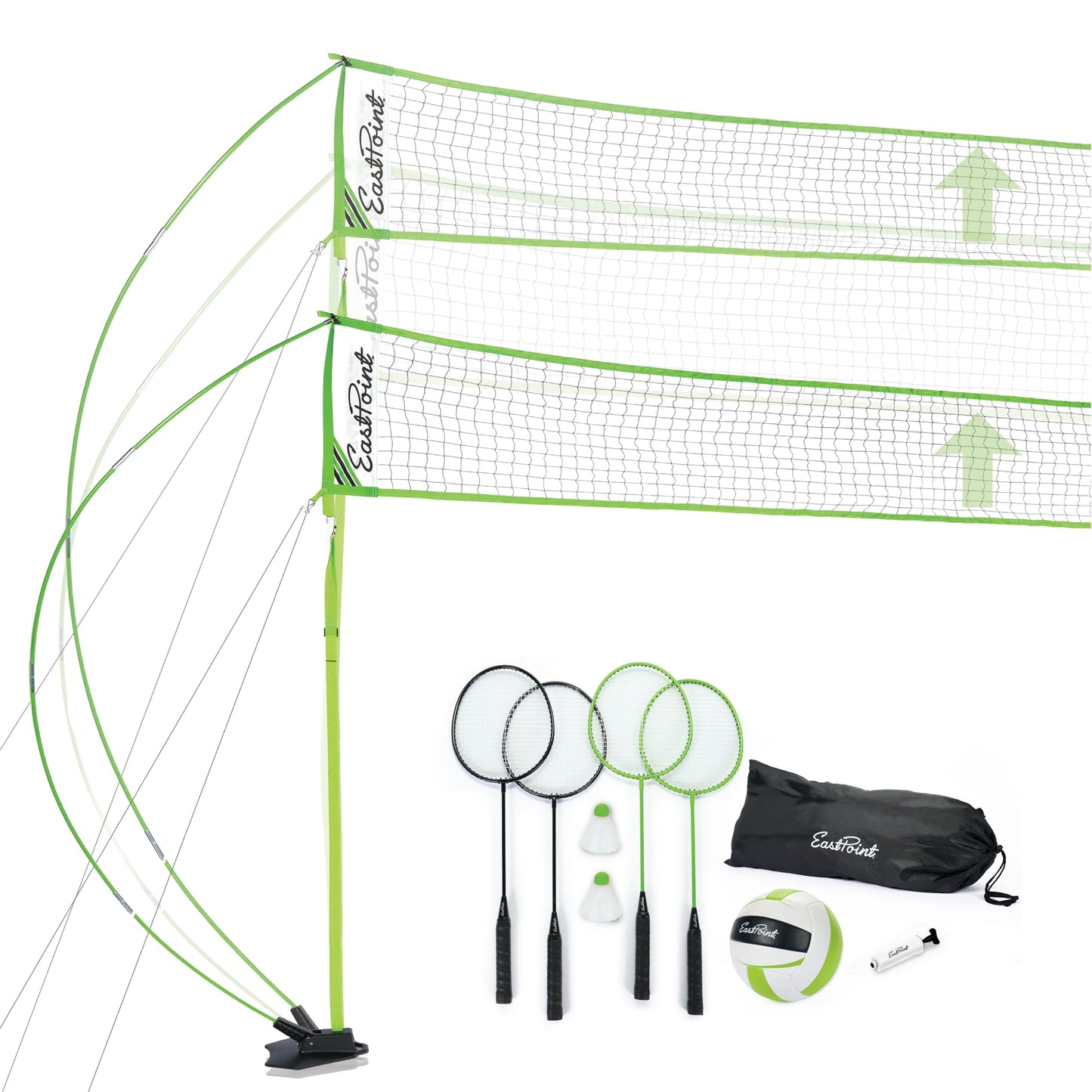 EastPoint Easy Setup Volleyball Badminton Set - Regulation, Light Green/Black - Portable Volleyball Net Design - 2-in-1 Net for Badminton & Yard Games - Includes Steel Rackets & Ball