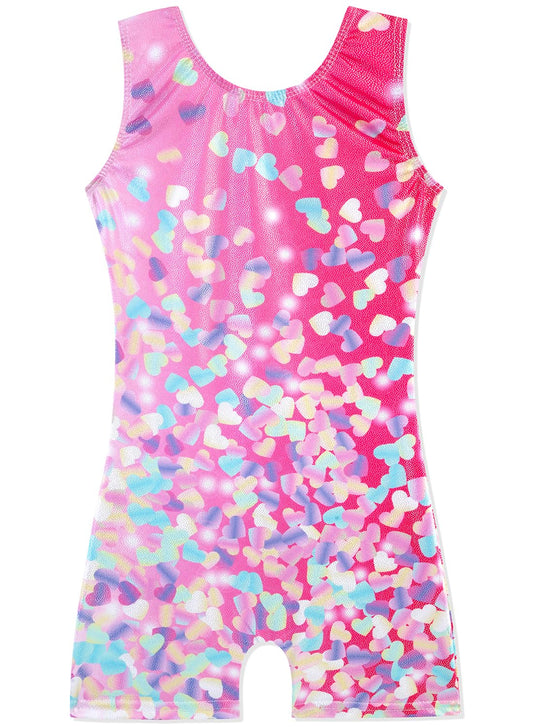 HOZIY Pink Colorful 3D Hearts Leotards for Girls Gymnastics Size 8-10 Kids Tumbling Outfit Biketard Dance Clothes with Shorts Sparkly Shiny Glitter Sparkle