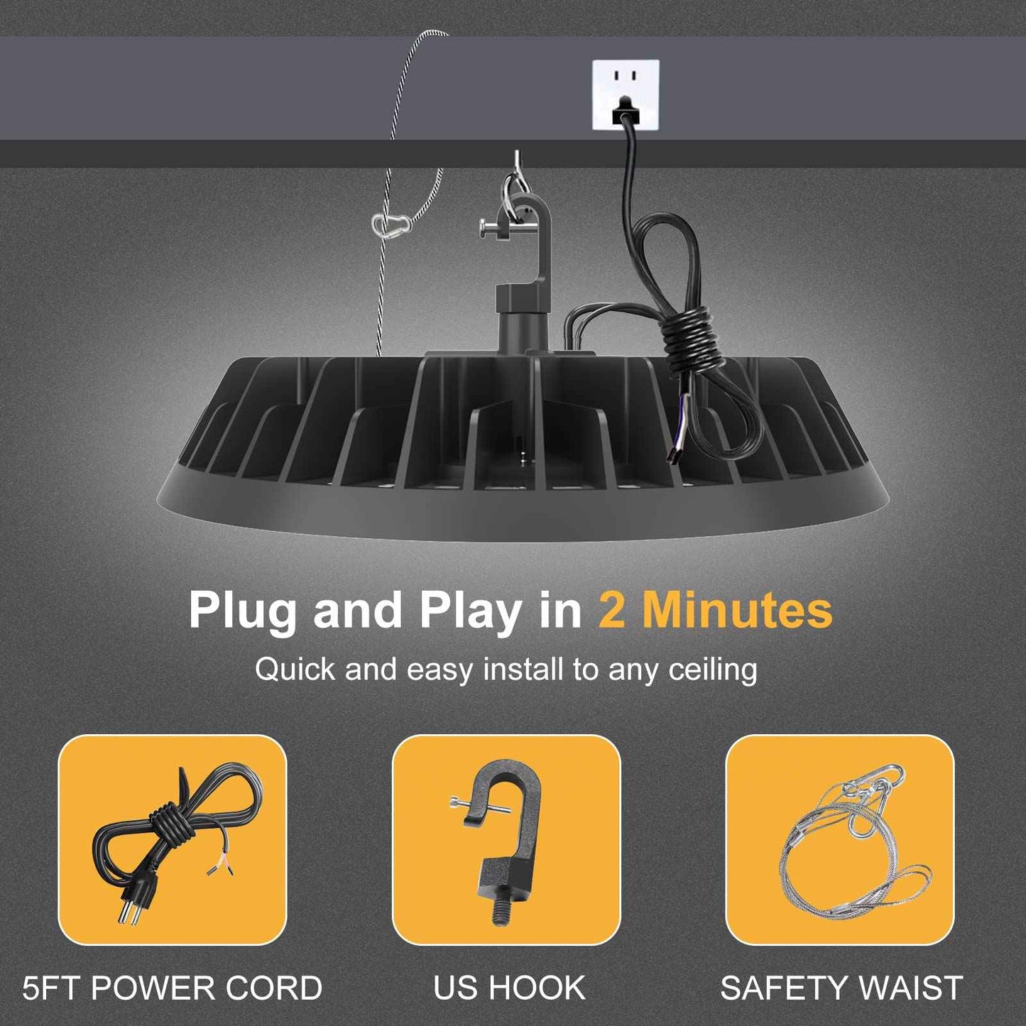 JC-LGL LED High Bay Light 200W Super Bright 32,000LM (160LM/W) 1-10V Dimmable, 5' Cable with Plug, Hanging Hook, Safe Rope, High Bay LED Light for Factory Warehouse Workshop