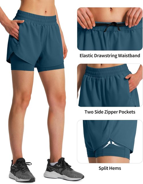 Ksmien Women's 2-in-1 Running Shorts - Quick Dry Athletic Gym Workout Shorts with Liner & Phone Pockets