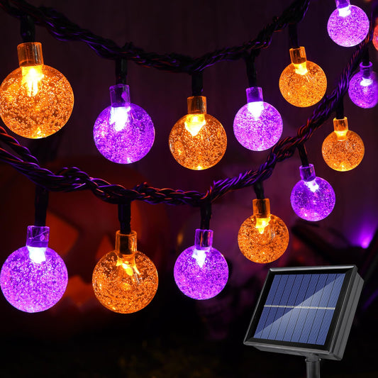 Lomotech Halloween Solar Lights - 72FT 100 LED Orange Purple String Lights Outdoor, 8 Modes Waterproof Crystal Globe Lights for Halloween Decoration