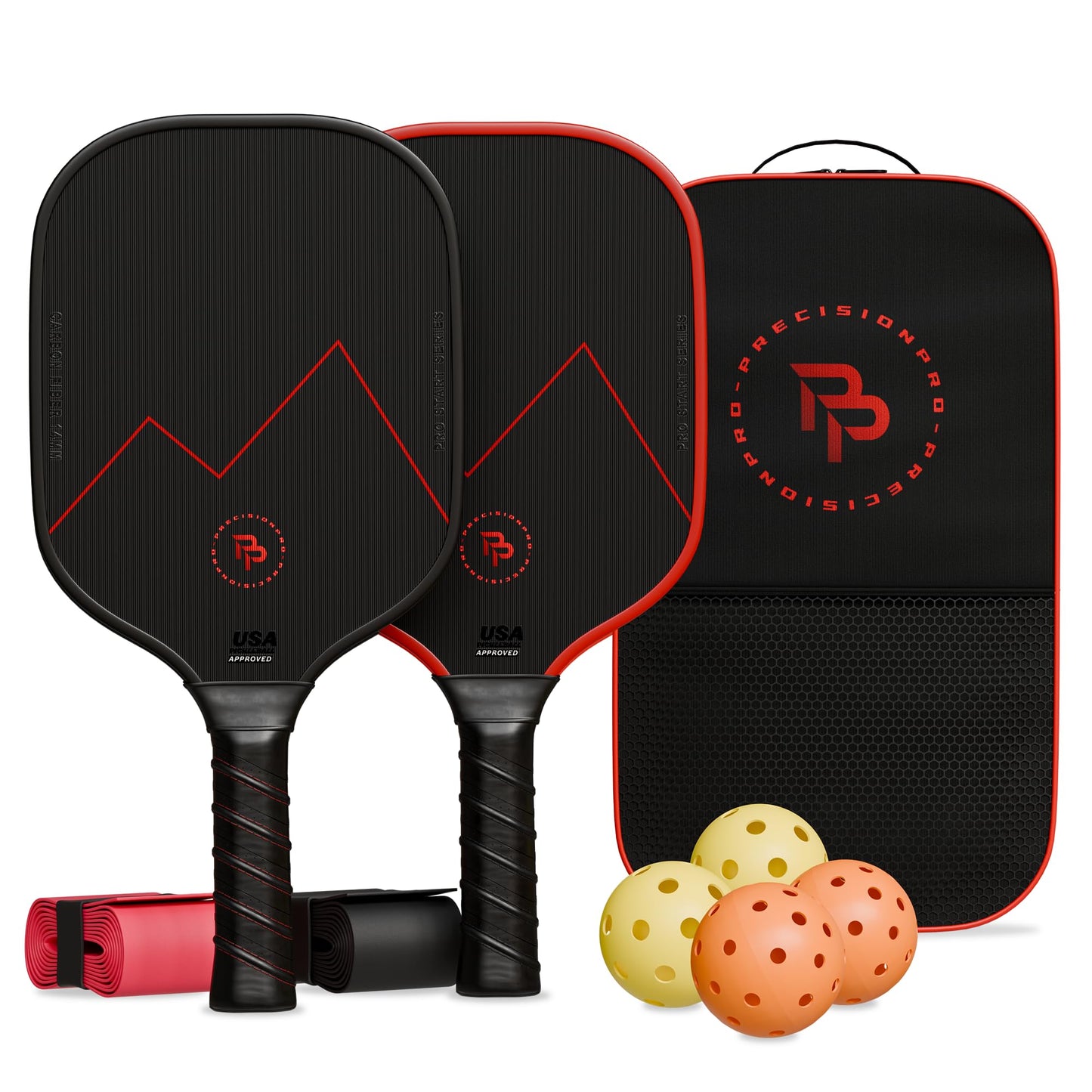 Precision Pro Carbon Fiber Pickleball Paddles Set of 2 — USAPA Approved, T700 Carbon, 14mm Honeycomb Core, 4 Indoor Outdoor Balls, Carry Bag, Pickleball Set for Beginners and Intermediate Players