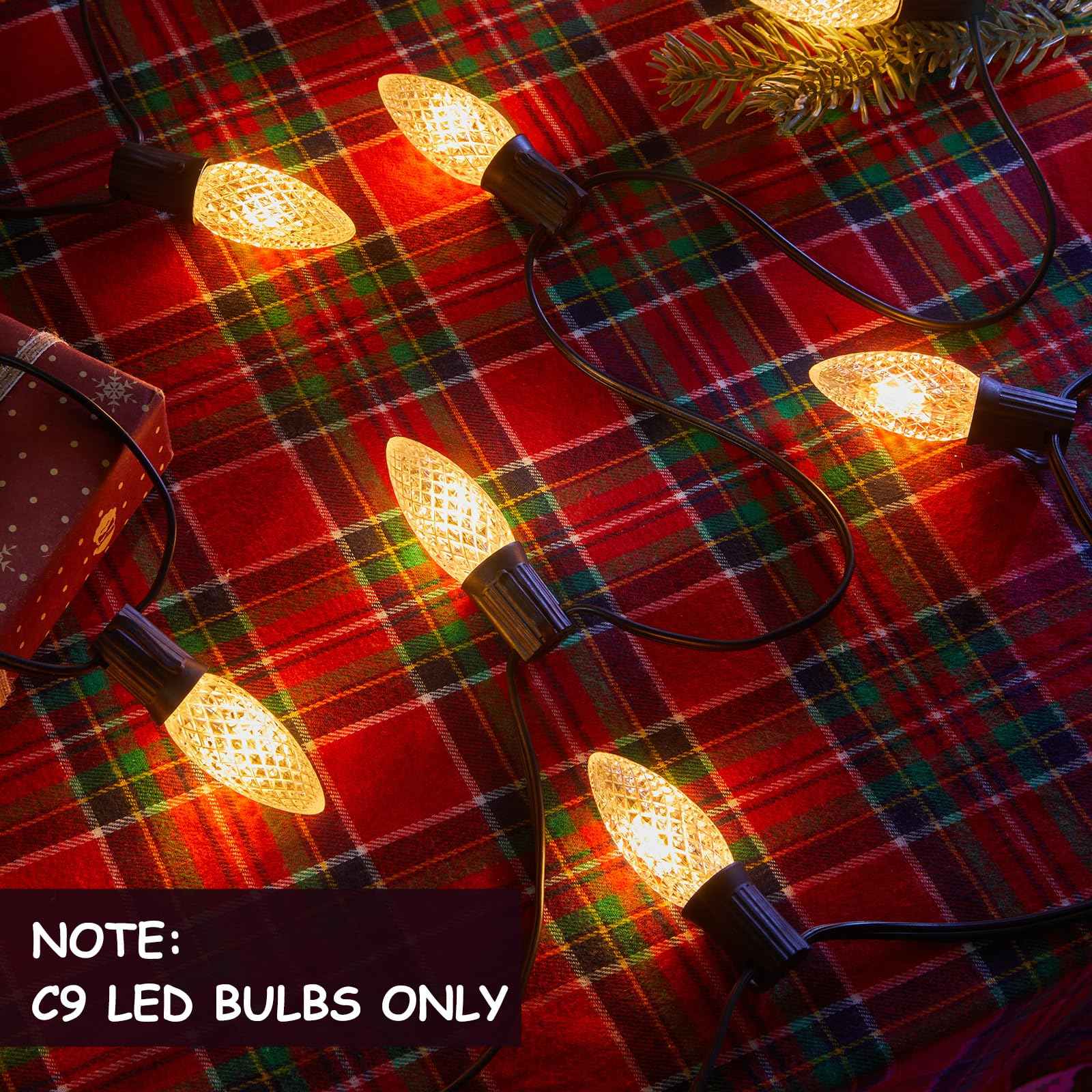 (2 Pack) Total 100 FT C9 Light Strand, Outdoor String Light Christmas Stringer with 100 Sockets for Patio, Intermediate Base (C9/E17) - 12" Spacing, Black Wire, NOTE (Only Use for C9 LED Bulbs)