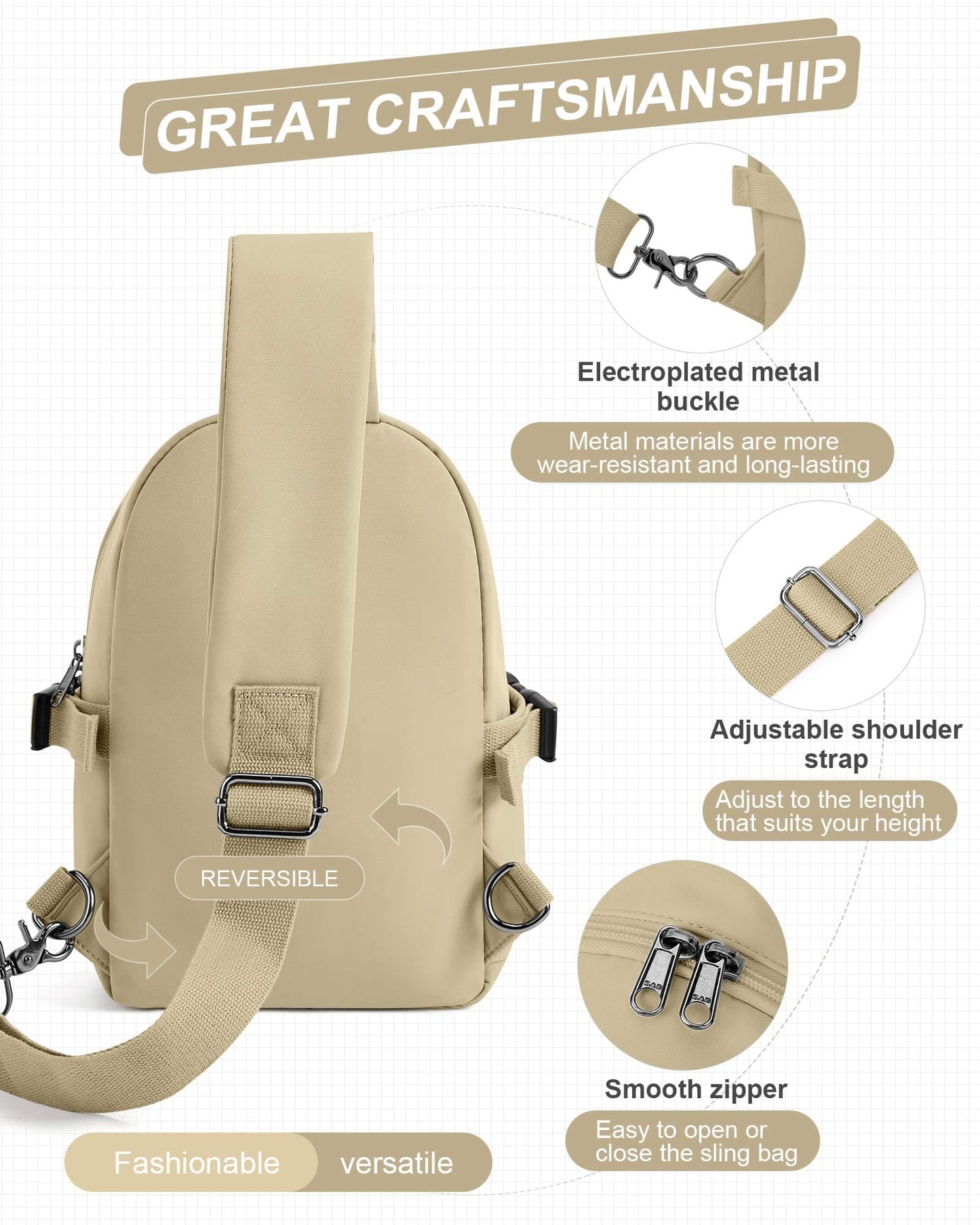 Sling Bag for Men Women, Mini Anti Theft One Strap Motorcycle Sling Backpack, Small Sling Chest Bag Daypack Crossbody Backpack for Casual Travel Hiking Gym Outdoor Sports Khaki
