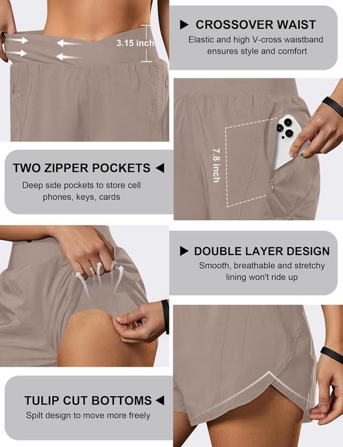 Blooming Jelly Women's High Waisted Workout Shorts - Crossover Design with Zipper Pockets