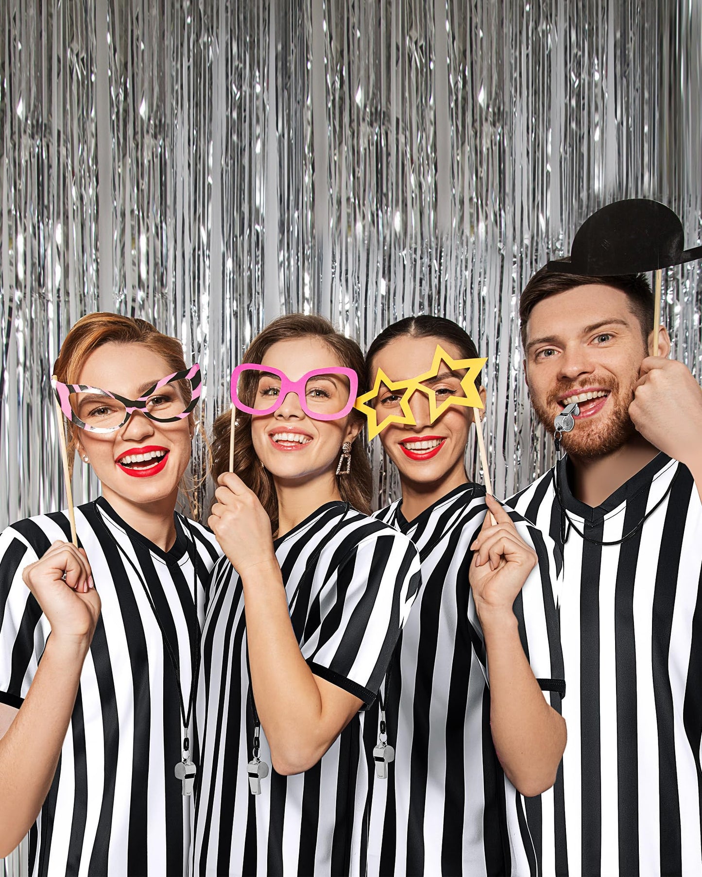 Sintege 4 Sets White and Black Soccer Referee Stripe Shirt with Whistle Official Referee Costume Shirt Football Umpire Jersey Halloween Costume for Adult(Adults X-Large)
