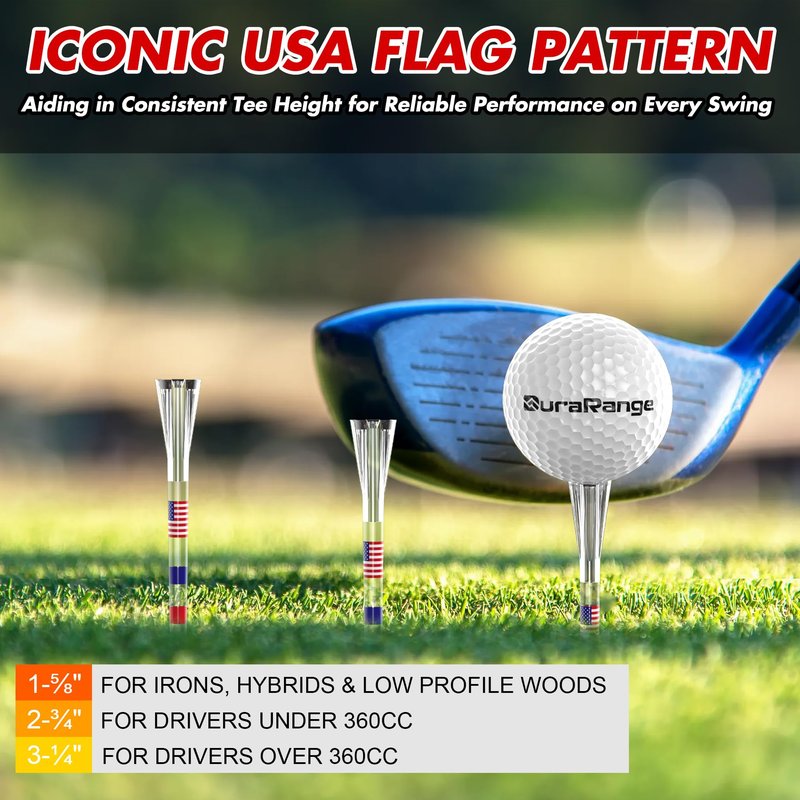 DURARANGE Elite Golf Tees - Transparent, Patriotic USA Flag Design, 5-Prong Anti-Slip, Enhanced Stability, 3-1/4" for Drivers, Durable PC Material, 50-Pack