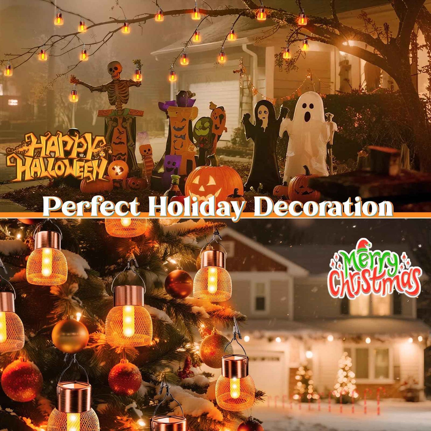 Anordsem Solar Hanging Lights Outdoor: 4 Metal Mesh Flame Lanterns with Clip - Waterproof LED Warm Lighting for Tree Yard Garden Xmas DIY Decor - Christmas Gifts for Homeowners Camper