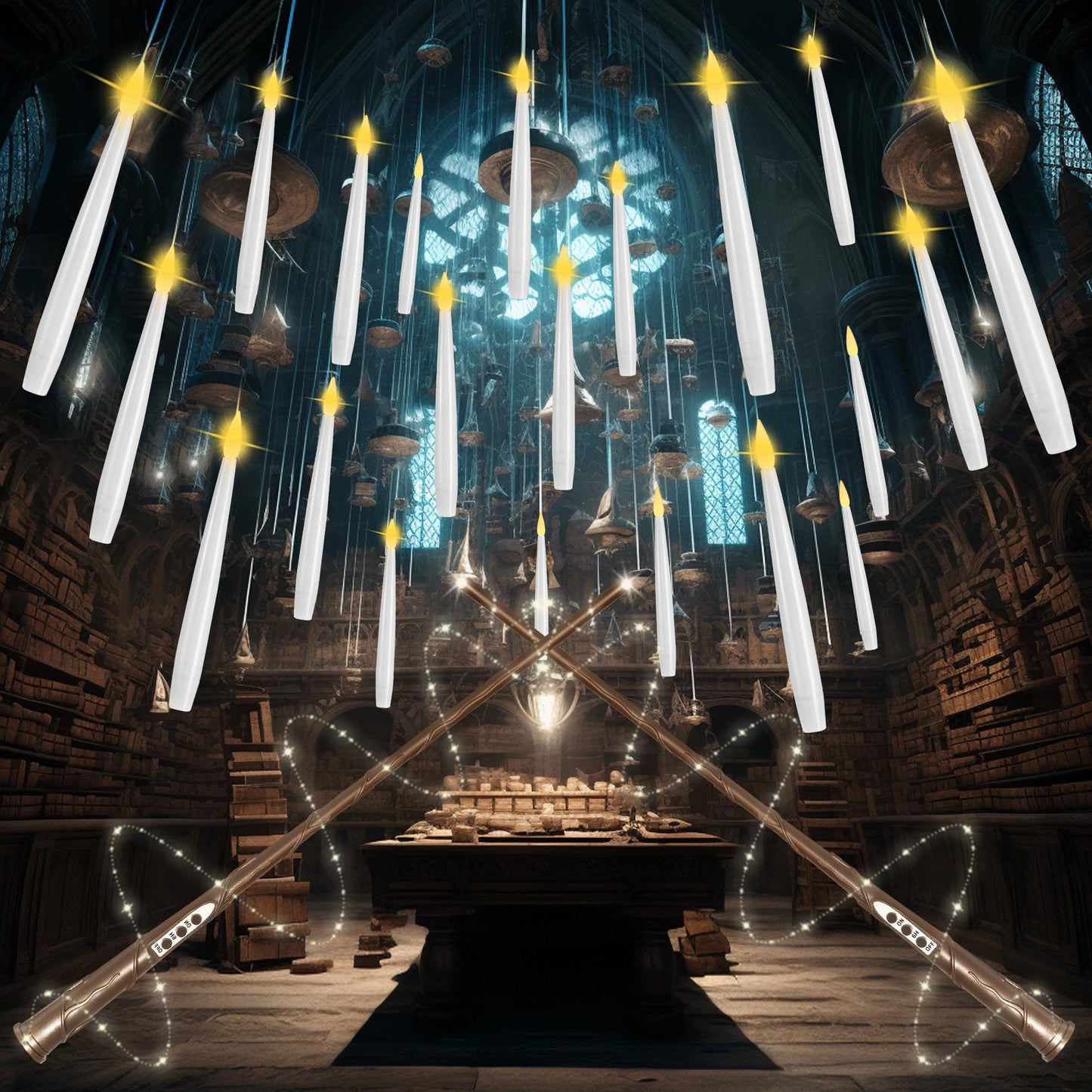 LUSHARBOR Floating Candles with Wand, 10 Pack Halloween Flameless Candles Battery Operated LED Taper Hanging Electric Candle for Christmas Halloween Birthday Party Decor 10.8in