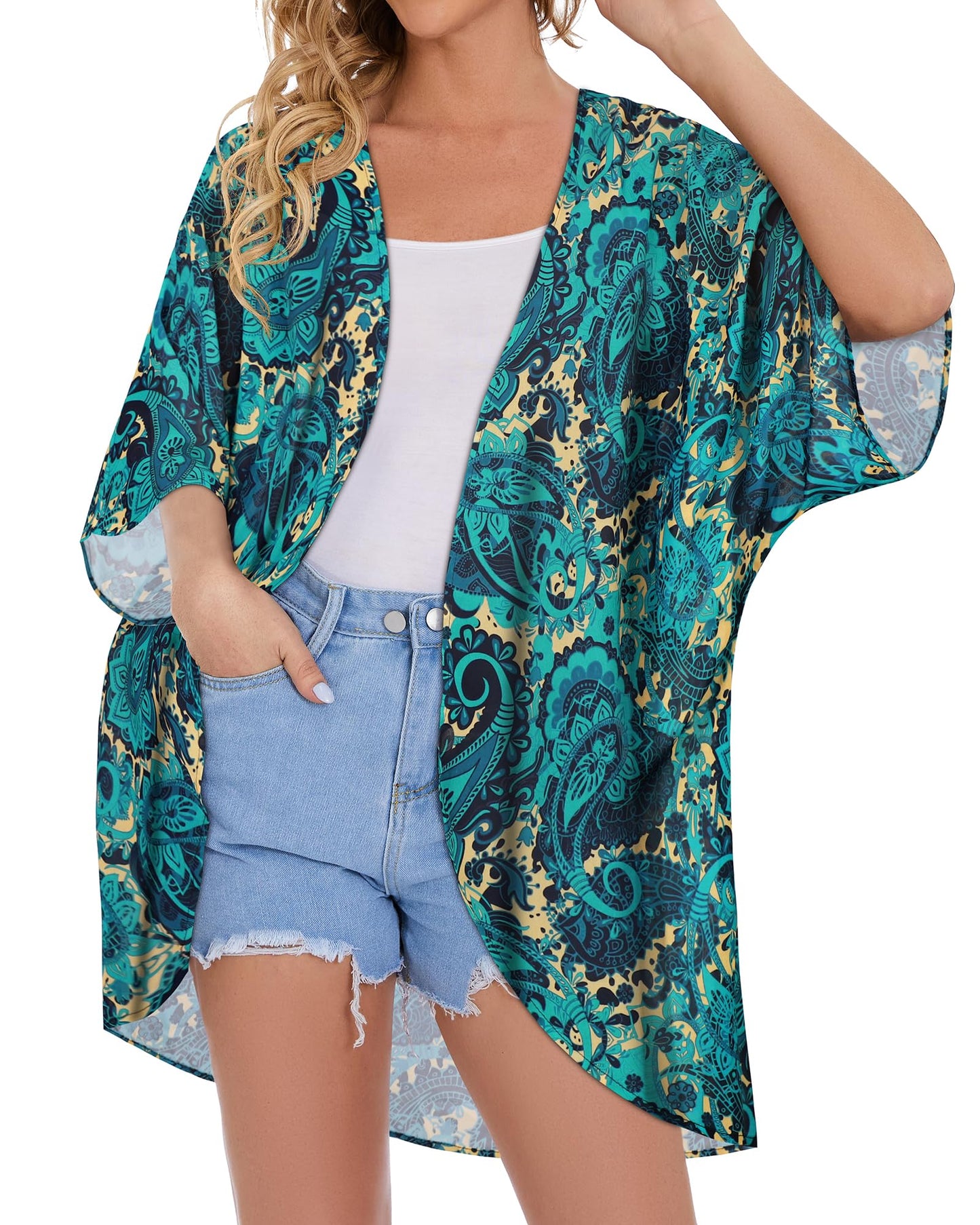 Women's Floral Kimono Print Puff Sleeve Loose Cardigan Cover Up Casual Blouse Summer Tops (Blue Yellow Floral, M)