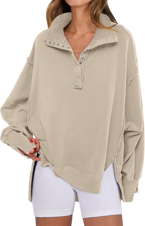 ANRABESS Women's Oversized Sweatshirt - Casual Button-Up Henley Pullover Top in High-Low Design