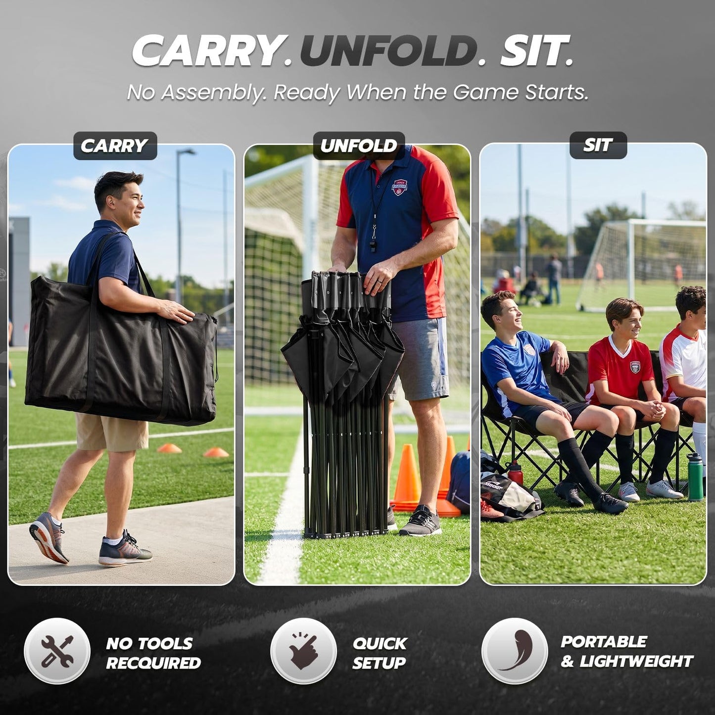 Flexzion Portable Folding Bench Seat, 6 Seater, Collapsible Soccer Bench, Portable Bench Seats for Bleachers, Camping, Sideline, with Back Rest and Carrying Bag, Black