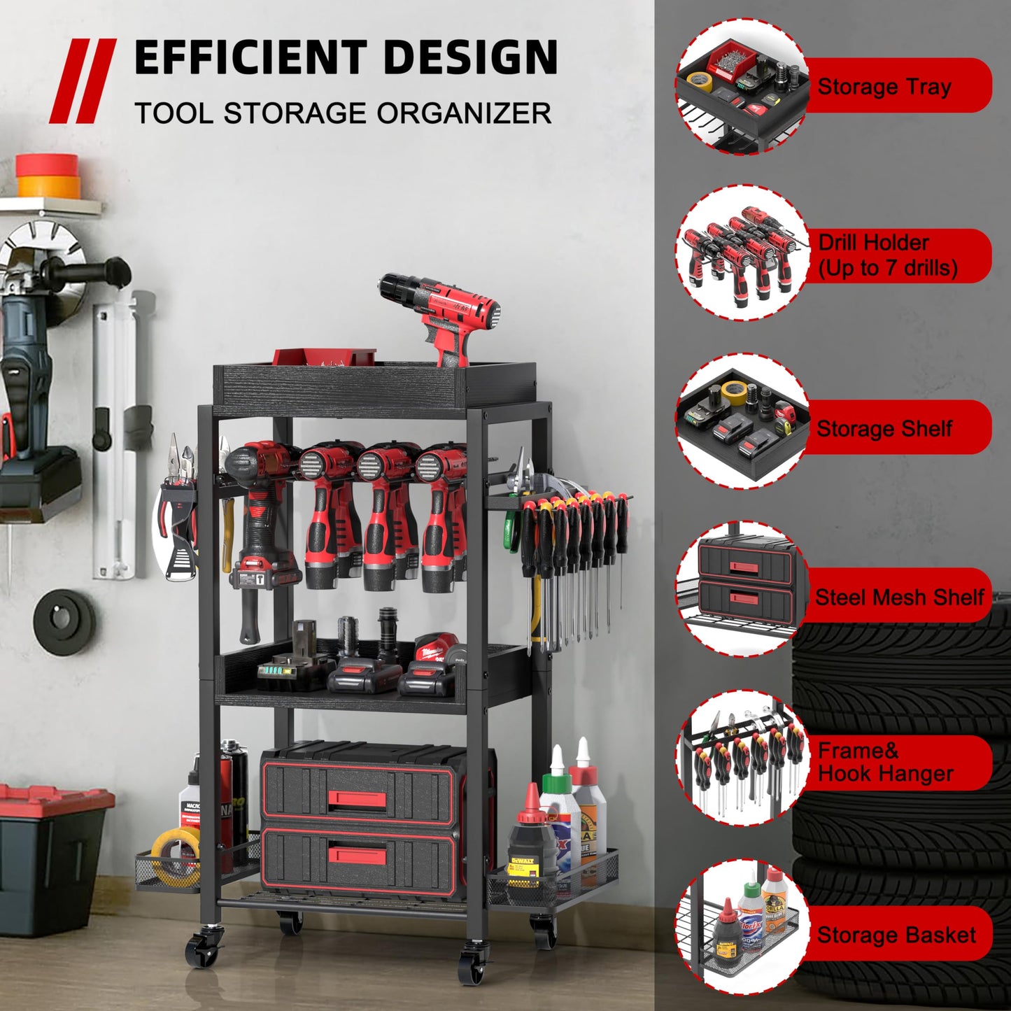 DEWALT Power Tool Organizer - Garage Storage Shelving with Rolling Cart & Open Tool Chest Cabinet Box Organizer with Wheels - Workshop & Gift Ideas for Men, Dad