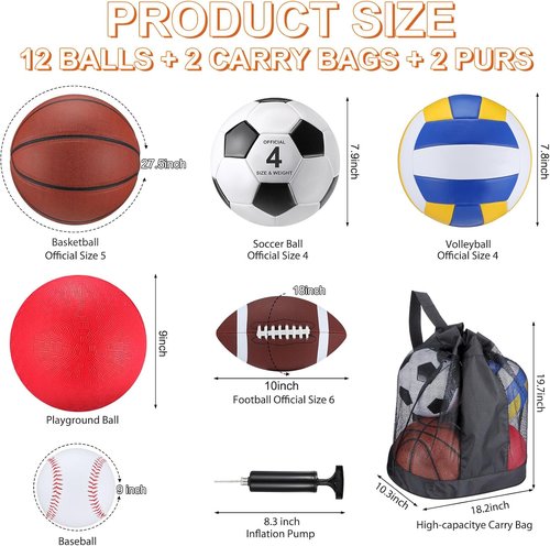 Deekin 12-Piece Assorted Sport Ball Set - Official Size Basketball, Football, Volleyball & More | Ideal Kids' Gift