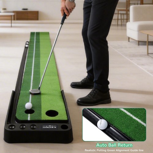 Fitvids Premium Automatic Ball Return Golf Putting Mat – Portable Indoor Golf Practice Green with Alignment Guide & Solid Base – Regular – Green