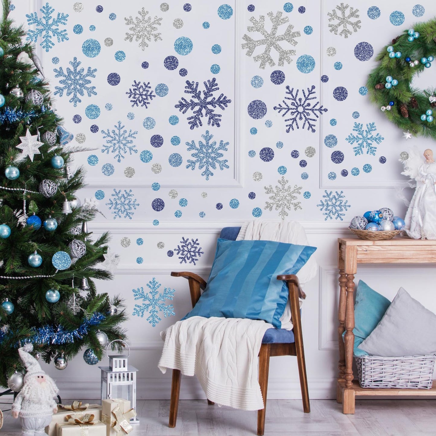 Zhanmai 200 Pcs/ 10 Sheets Christmas Snowflakes Wall Decals Window Clings Blue Silver Snowflake Stickers Peel and Stick Wall Ornament for Winter Removable Christmas Holiday Crafts Supplies