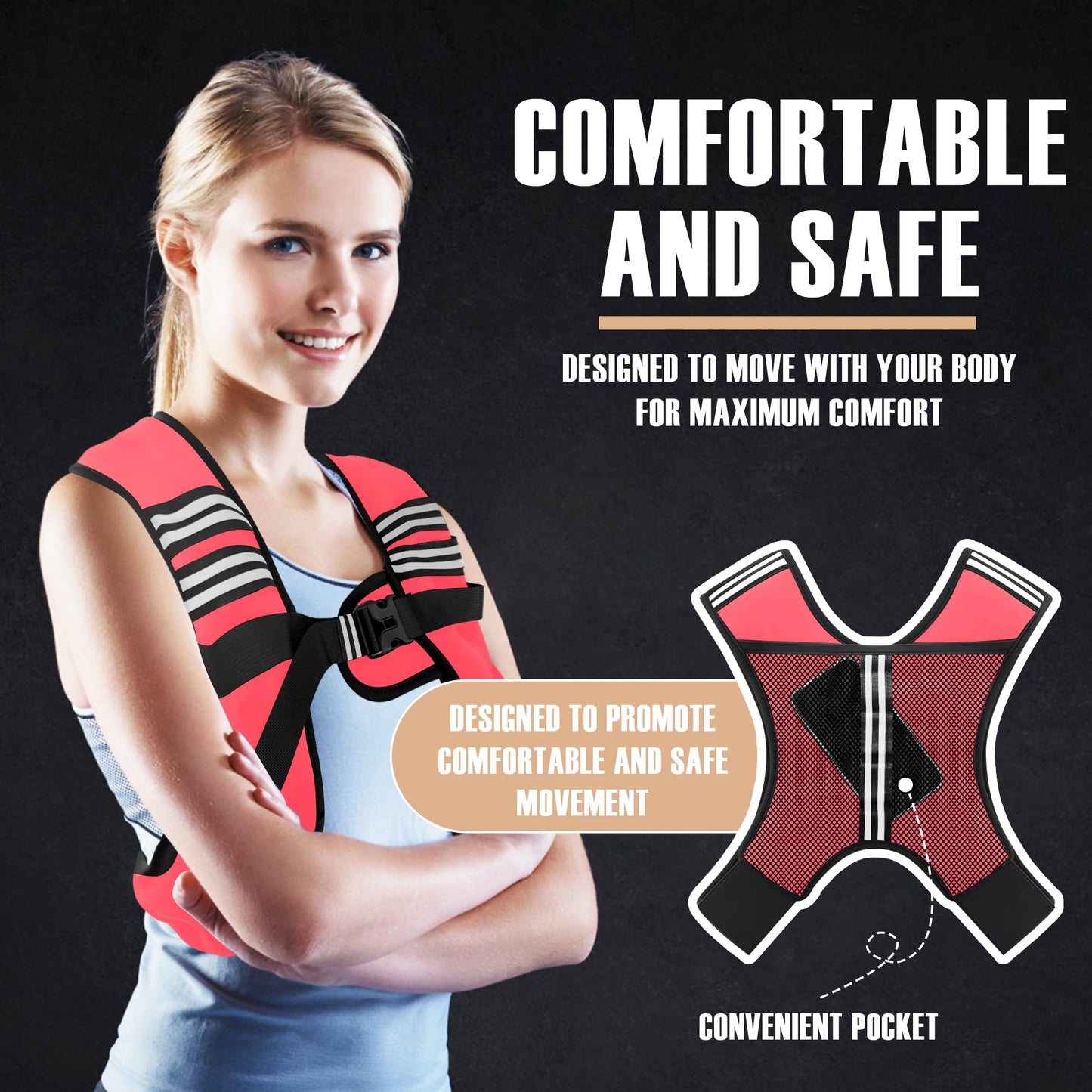 NATURELUX Weighted Vest with Reflective Stripe and Adjustable Buckle Straps, Pink, 10 lbs