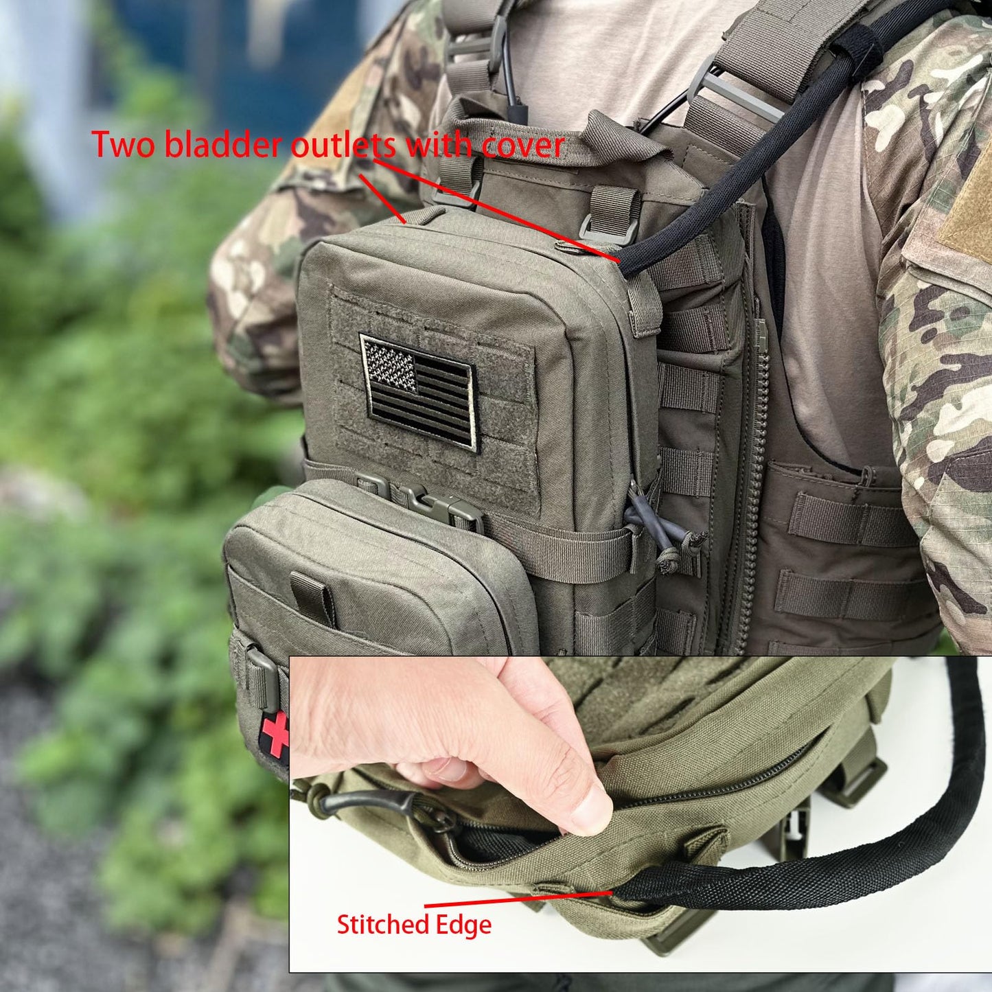 Tactical Mini Molle Hydration Pack,Molle Hydration Carrier with IFAK Pouch&US Flag&Med Patch,Hydropack for 2L Water Bladder (Ranger Green)