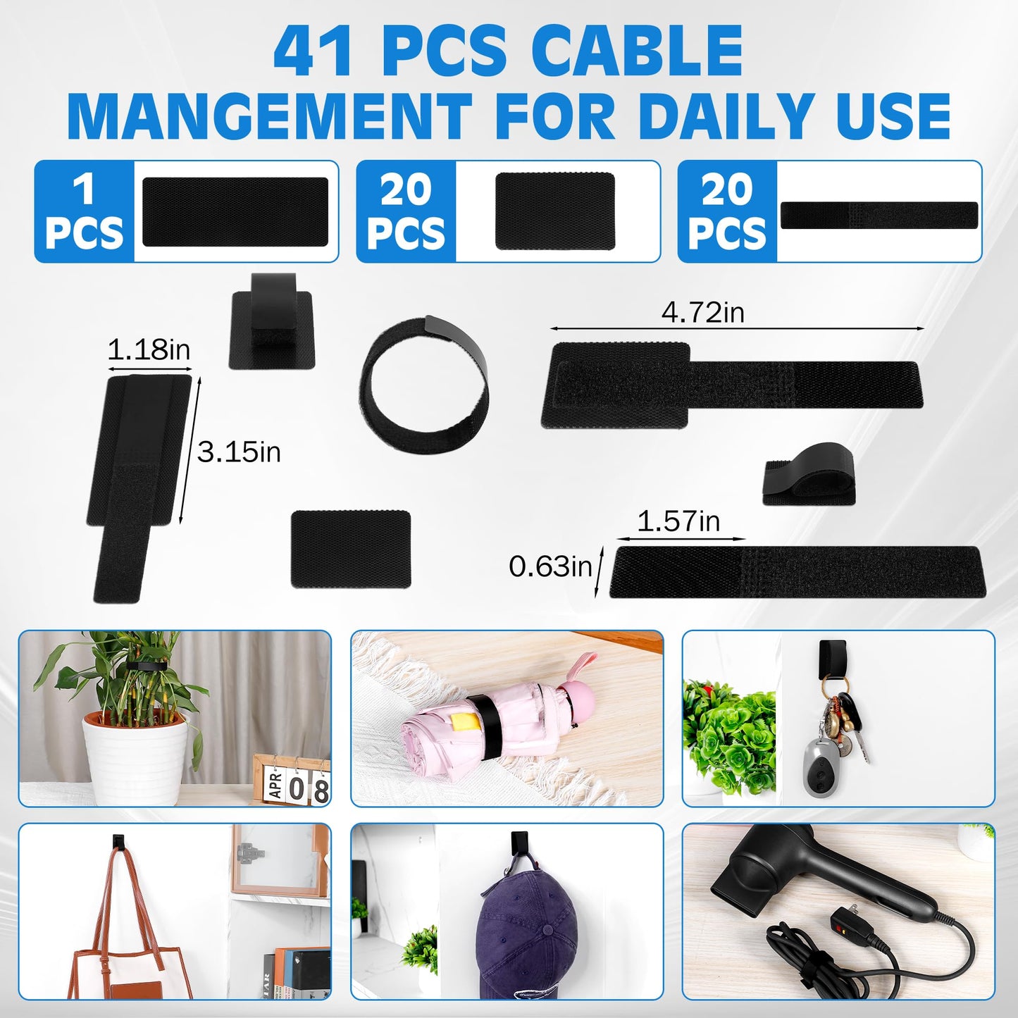 Vorona Under Desk Cable Management, 41pcs Adjustable Self Adhesive Hook and Loop Cable Ties, Up to 15 Cord, Enhanced Wire Holder, Reusable Cord Holder Organizer for Household & Office Essentials