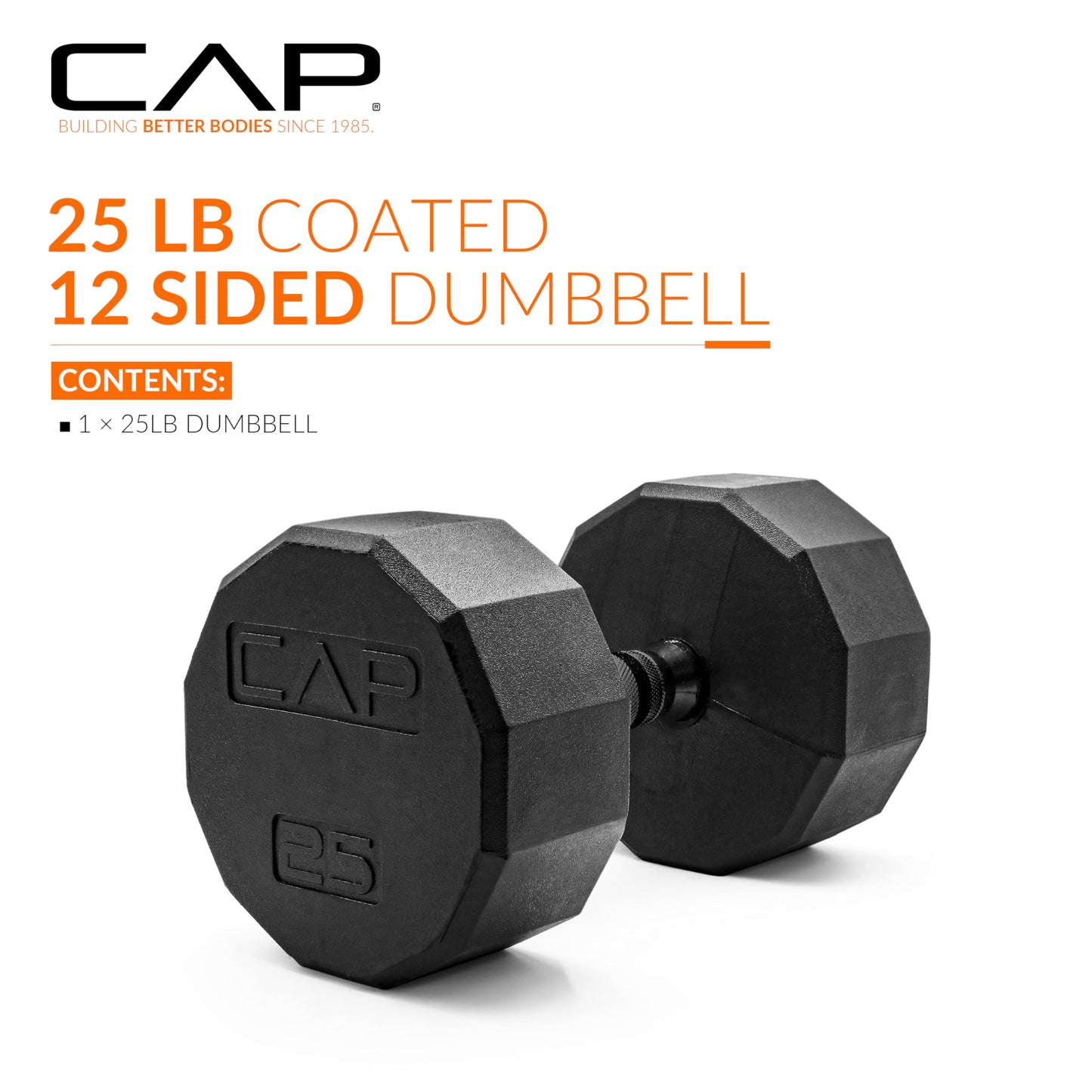 CAP 25lb Rubber Coated 12-Sided Dumbbell, Black Grip, Free Weights, Single