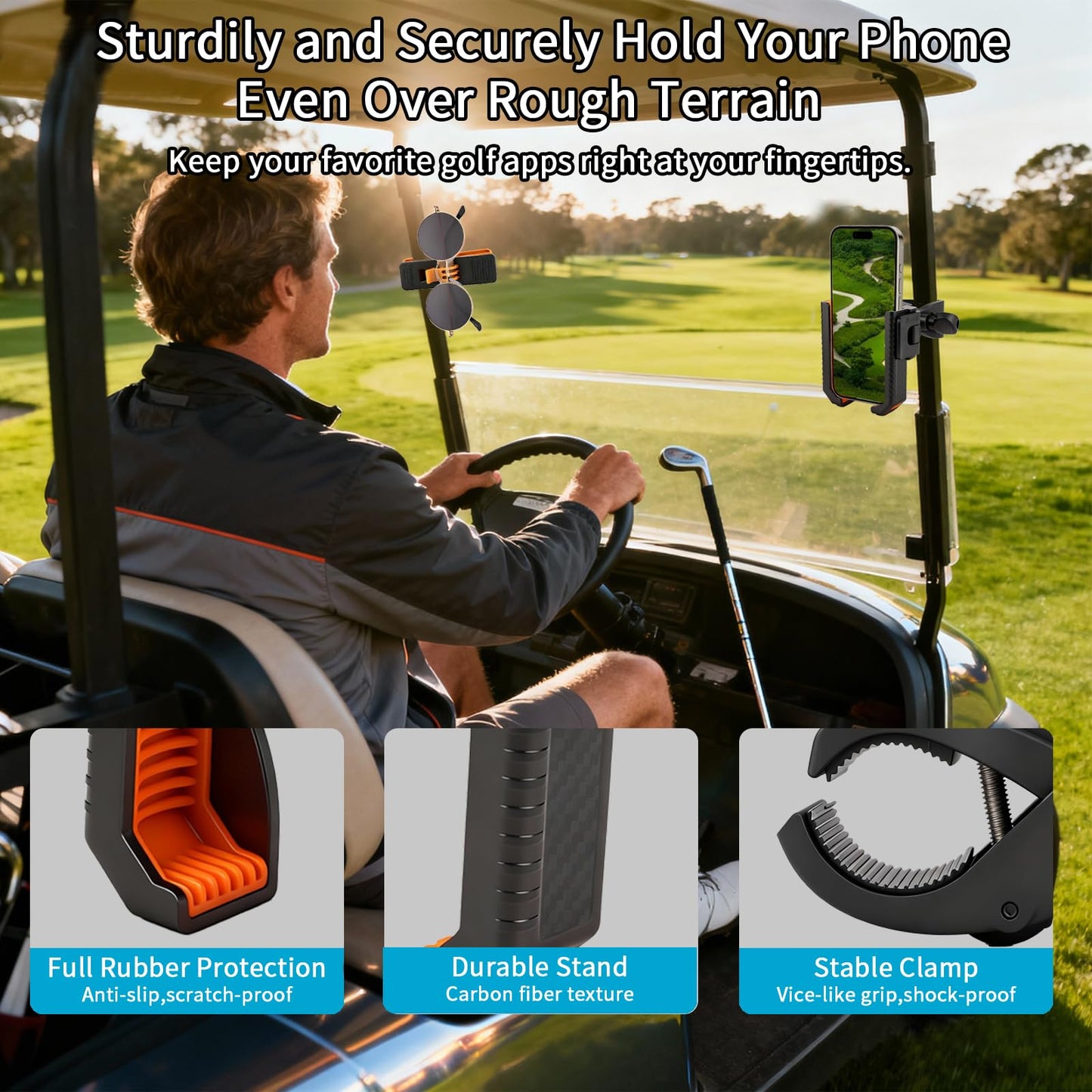 Loxnzify Golf Cart Phone Holder Mount-360° Rotation,Ultra-Stable Grip for All Phones, No Metal Needed,Includes Sunglasses Holder for Golf Cart,Perfect for Outdoor Sports (Black＆Orang)