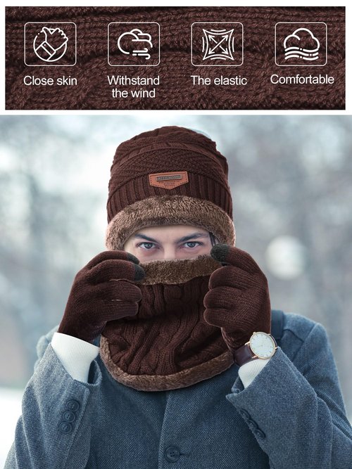 Shyyween 4 Pcs Winter Knit Beanie Hat Neck Warmer Scarf Touch Screen Gloves and Sock Set Fleece Lined Skull Cap for Men Women(Brown)